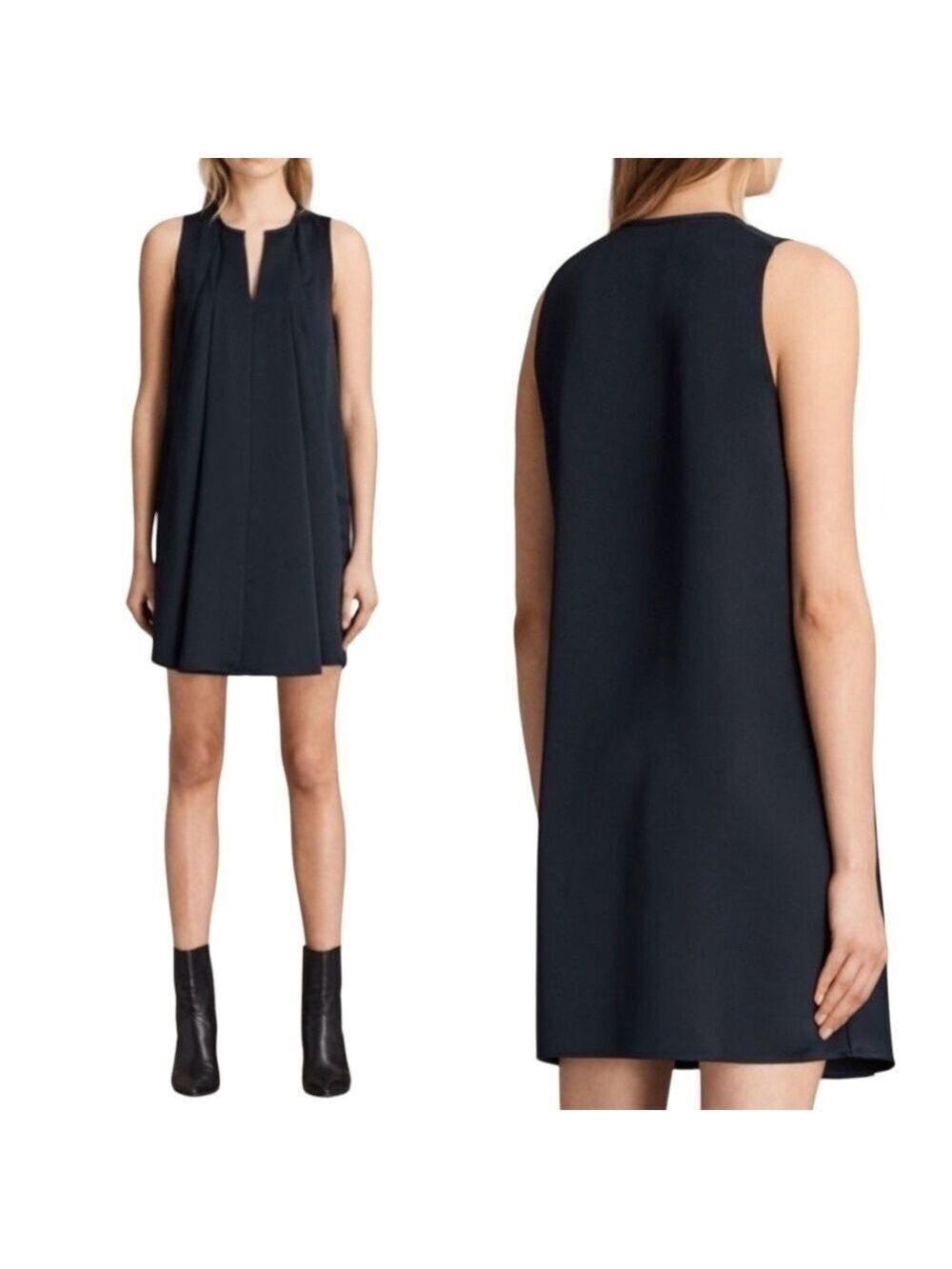 ALL SAINTS ‘BEA’ Mini A-Line Dress Matte Black Satin Soft Front Pleating US Sz 0